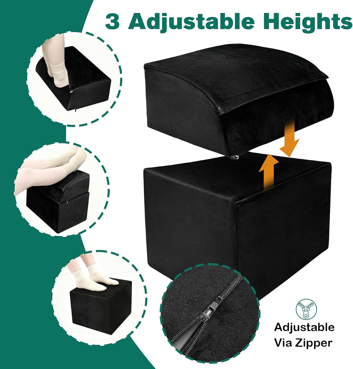 Adjustable Foot Rest Under Desk Removable Warmer Pocket Desk Foot Stool with High-Density Foam and Washable Cover Ergonomic Black Leg Rest for Home Office