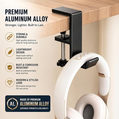Headphone Stand - Aluminum Alloy Headphone Holder, Under Headset Stand for Desk Fit for PC Gaming Headset Hanger Hook Suitable for Office, Computer, Student Class Desk, Handmade Creator Table