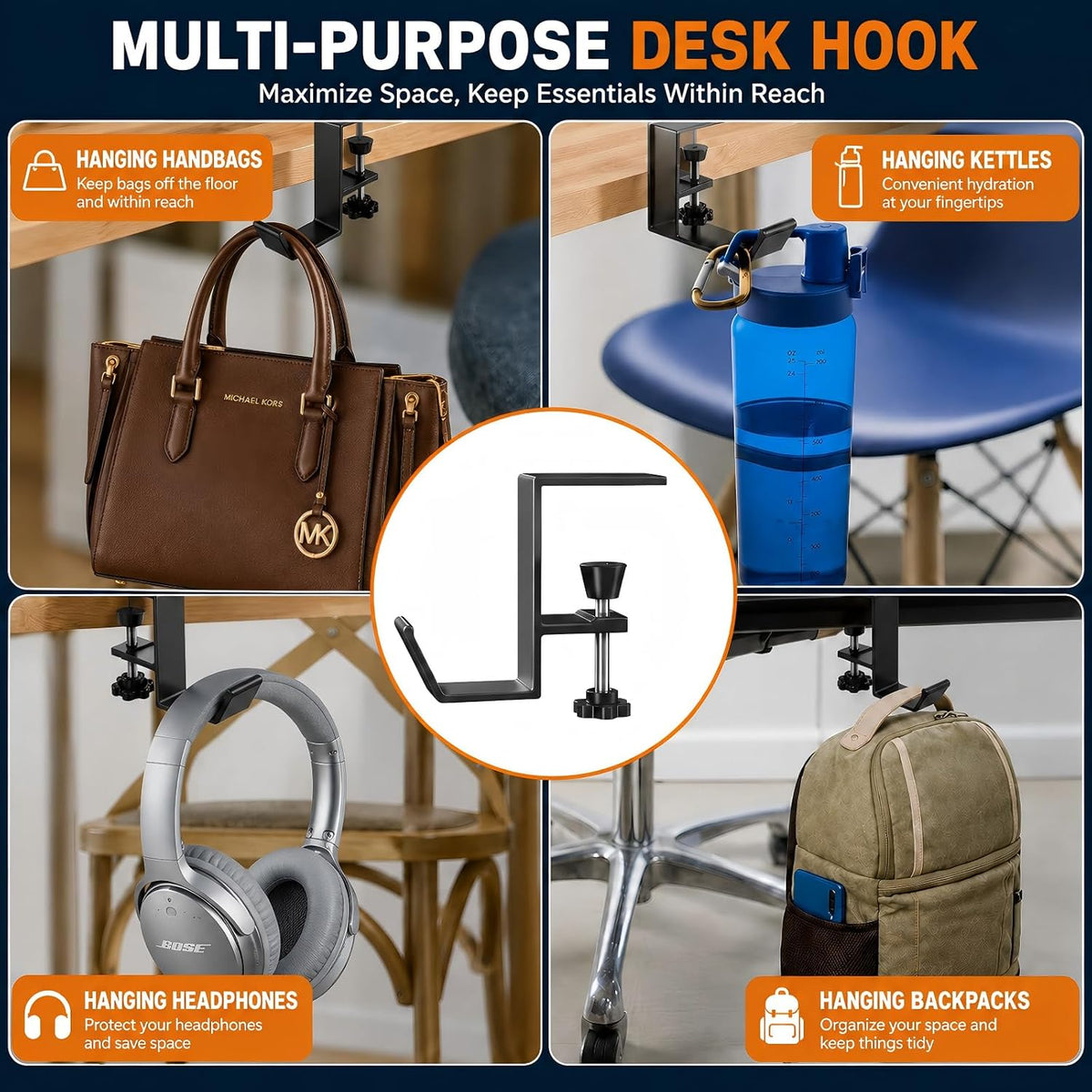 Headphone Stand - Aluminum Alloy Headphone Holder, Under Headset Stand for Desk Fit for PC Gaming Headset Hanger Hook Suitable for Office, Computer, Student Class Desk, Handmade Creator Table