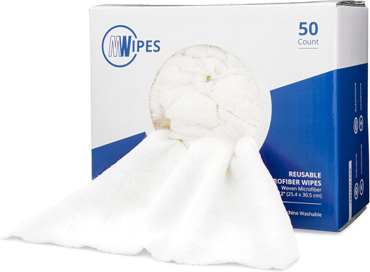 Microfiber Rags in A Box (50 Count) - Mwipes - 10" x 12" Reusable Wipes for Cleaning - Edgeless Terry Towels, Shop Rags, Wash, Dust, Disposable, House, Small Cleaning Cloths (White)