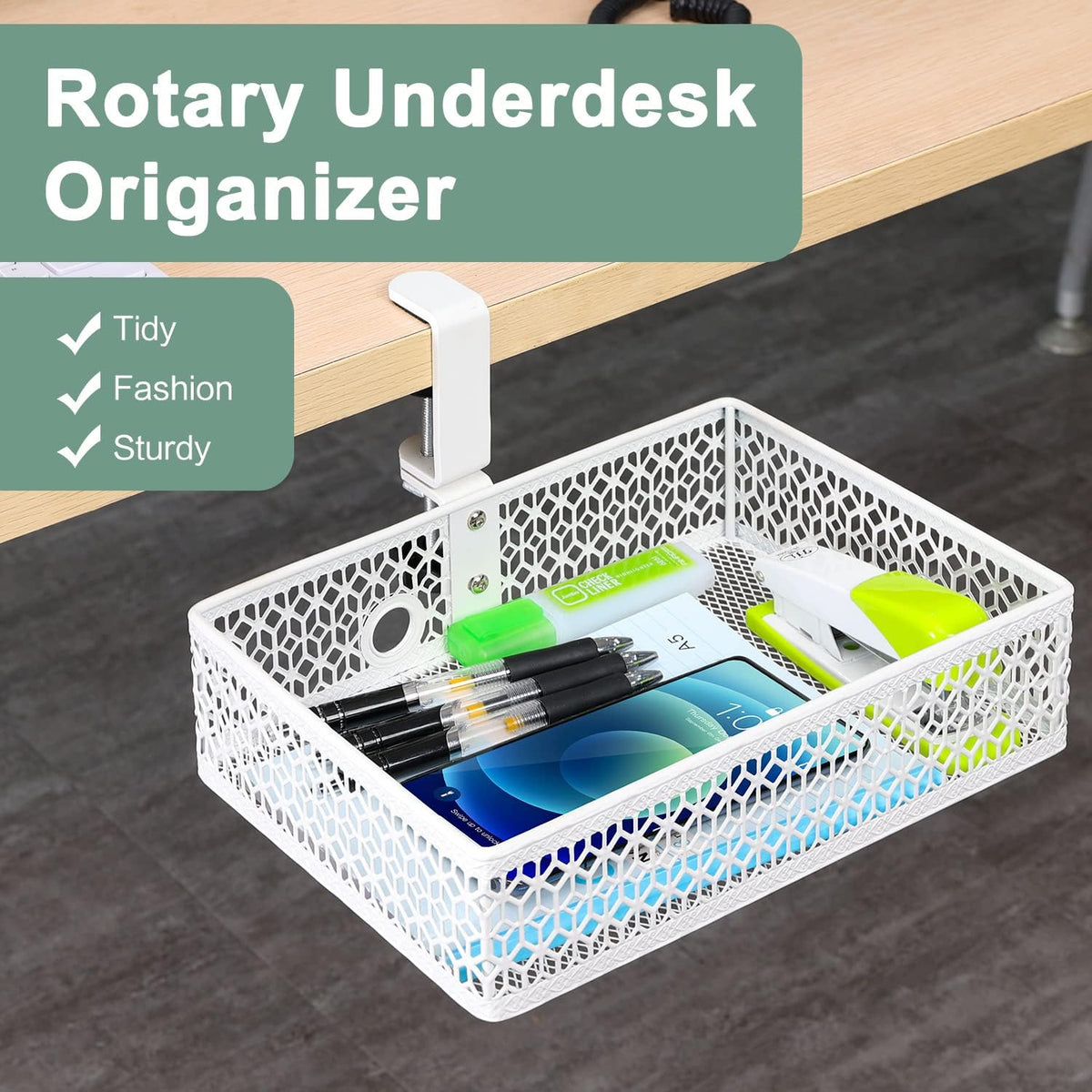Under Desk Storage Basket Hanging Drawer Tray, Clamp On Organizer