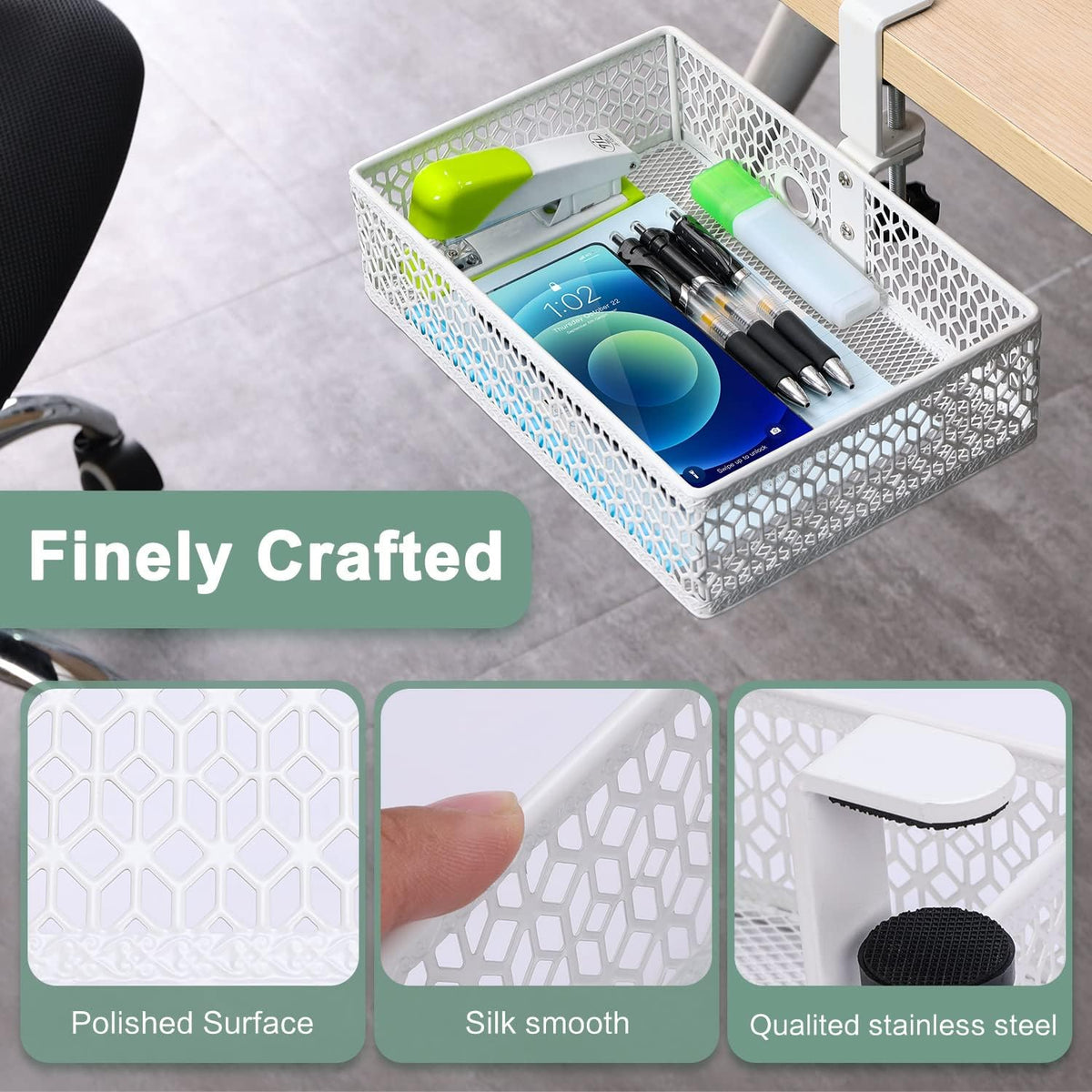 Under Desk Storage Basket Hanging Drawer Tray, Clamp On Organizer