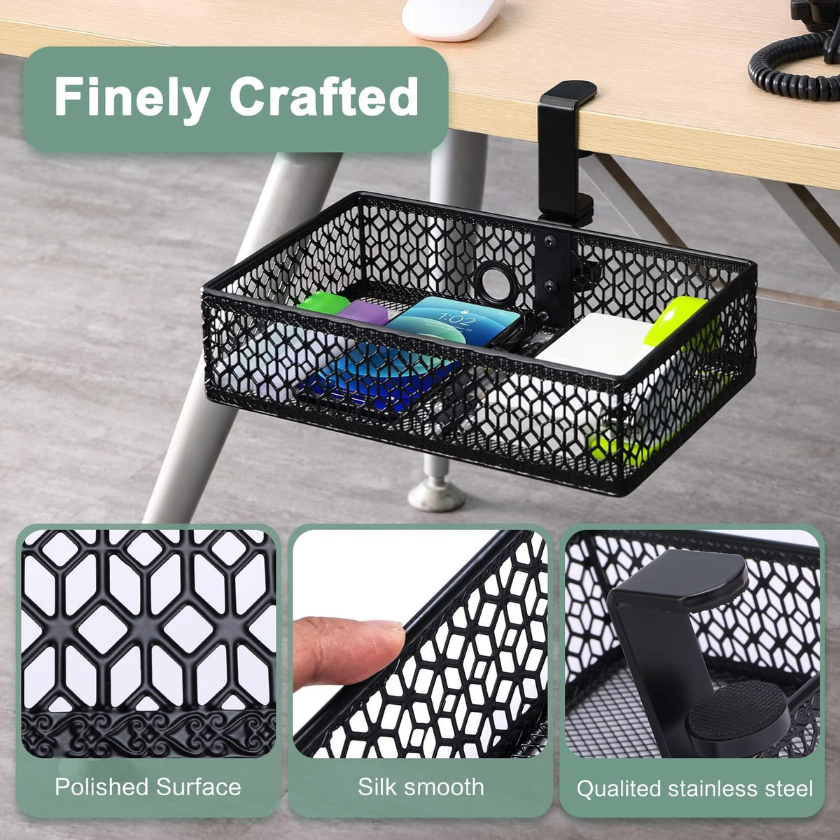 Under Desk Storage Basket Hanging Drawer Tray, Clamp On Organizer