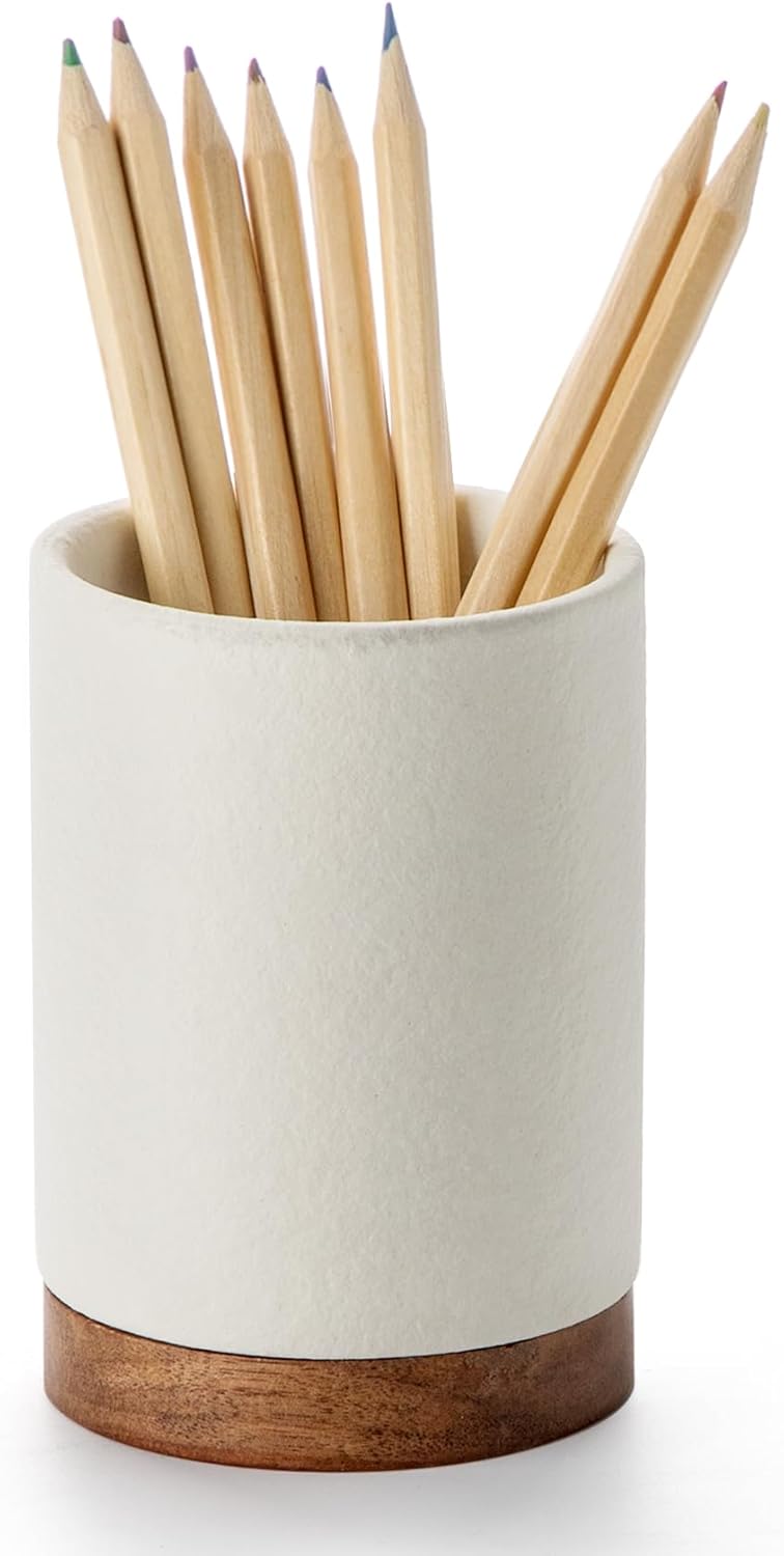 Ceramic Pen Holder for Desk, Pencil Cup, (White,Set / 1)