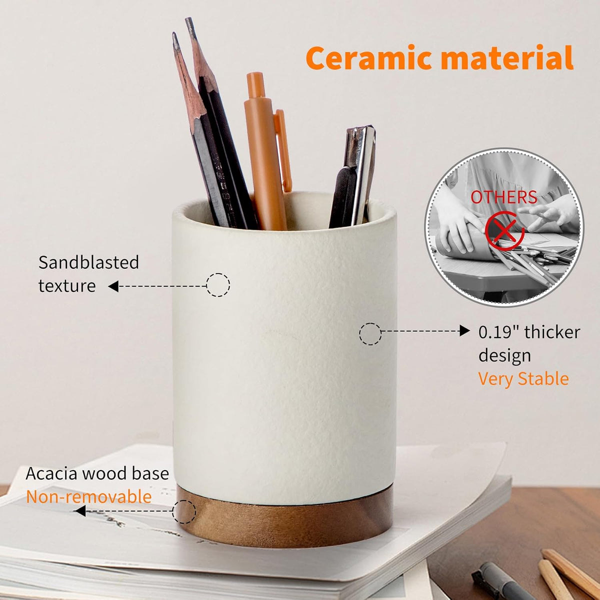 Ceramic Pen Holder for Desk, Pencil Cup, (White,Set / 1)