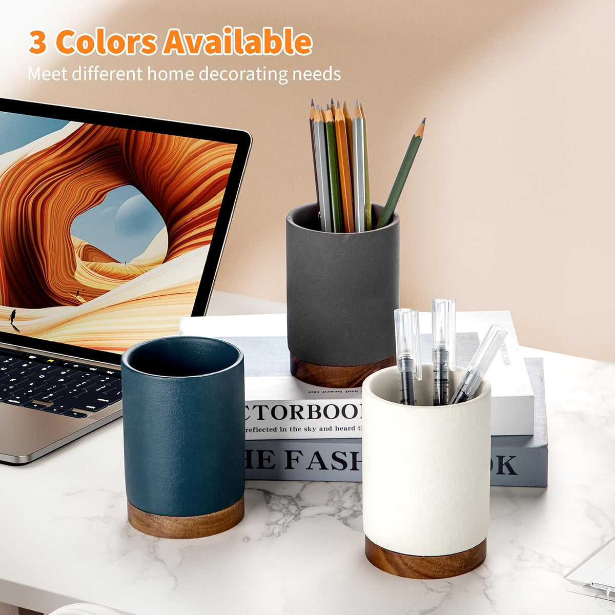 Ceramic Pen Holder for Desk, Pencil Cup, (White,Set / 1)