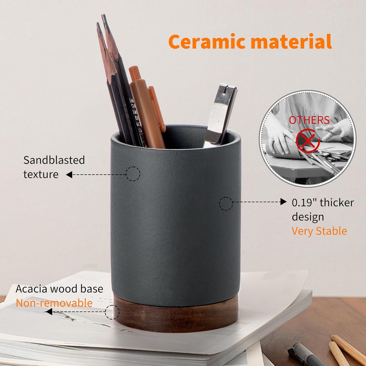 Ceramic Pen Holder for Desk, Pencil Cup, (White,Set / 1)