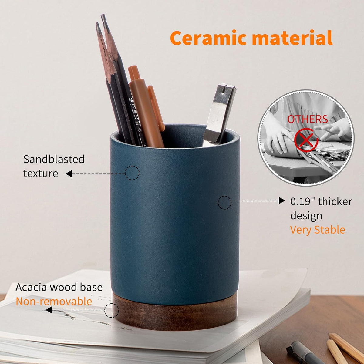 Ceramic Pen Holder for Desk, Pencil Cup, (White,Set / 1)