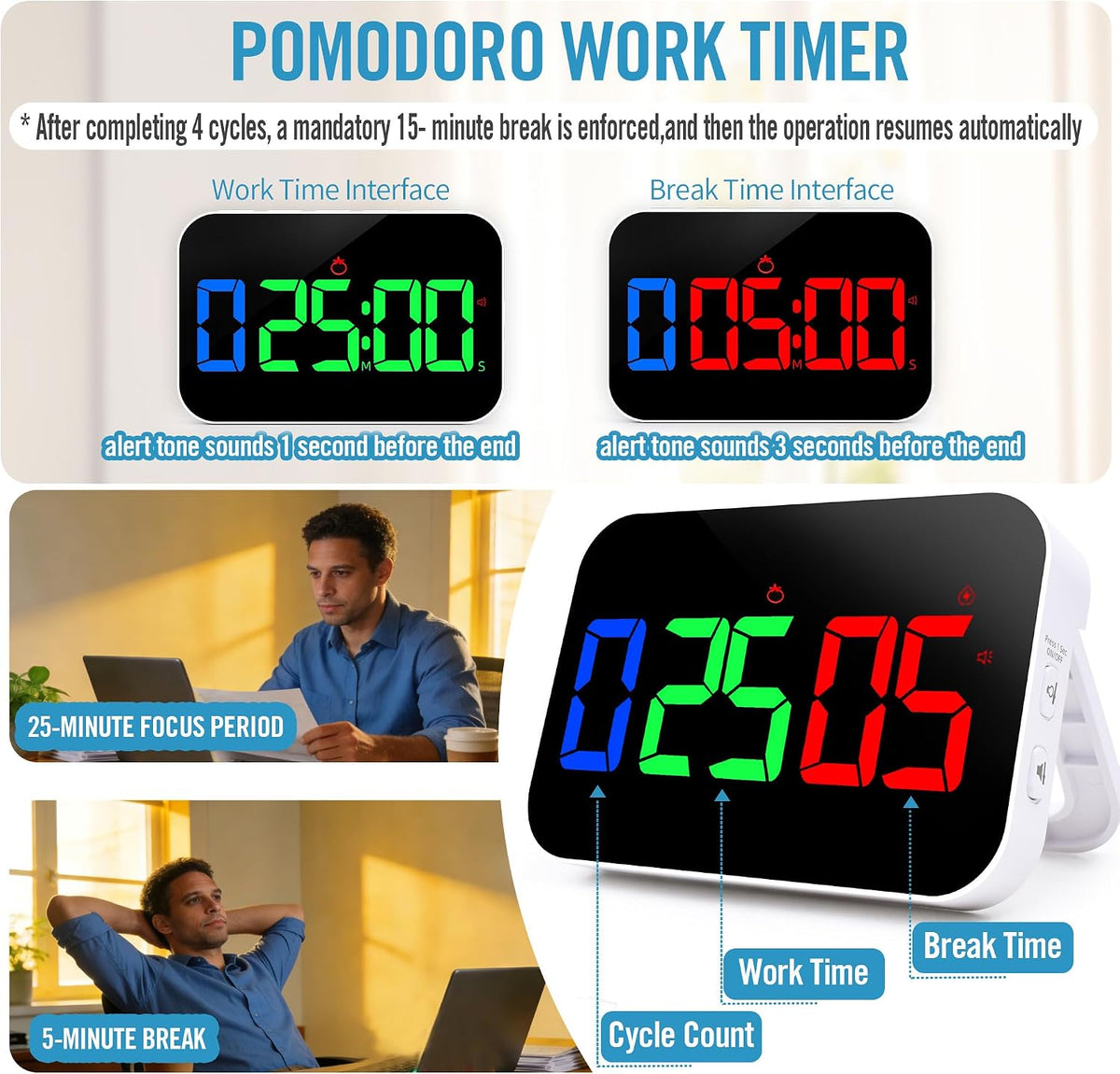 Digital Timer for Classroom, Pomodoro, Gym & Kitchen – Rechargeable Magnetic Countdown Timer, Large LED Display, Loud Alarm, 3 Volume Levels & 3 Brightness Settings