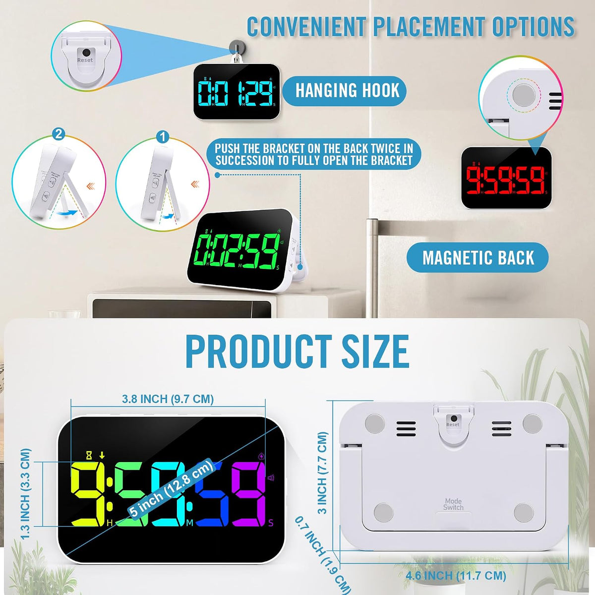 Digital Timer for Classroom, Pomodoro, Gym & Kitchen – Rechargeable Magnetic Countdown Timer, Large LED Display, Loud Alarm, 3 Volume Levels & 3 Brightness Settings