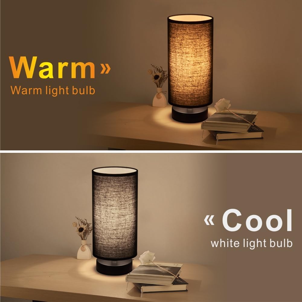 Table Lamp, Bedside Nightstand Lamp, Simple Desk Lamp, Cylinder Table Lamp for Bedroom Living Room Office Study, Black Shade and Base (Black)