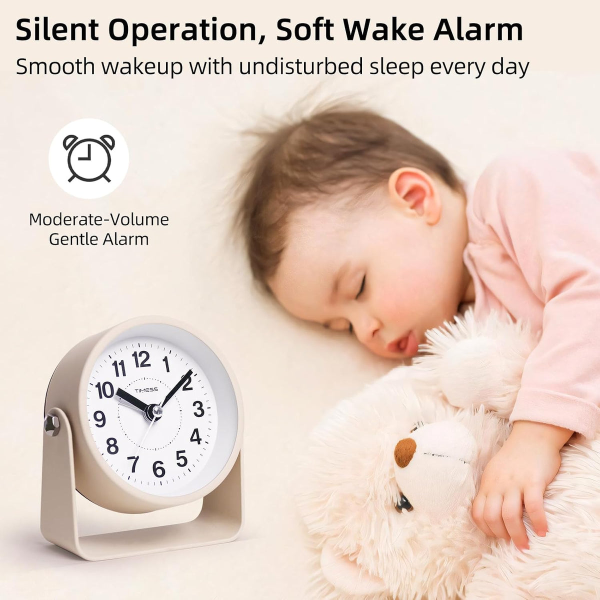 Analog Alarm Clock with Snooze & Light, Silent Non-Ticking, Yellow