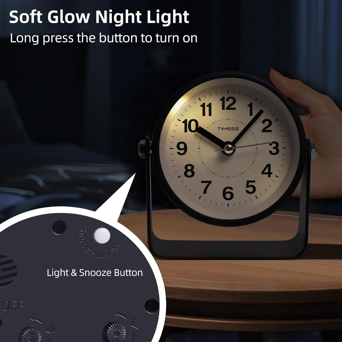 Analog Alarm Clock with Snooze & Light, Silent Non-Ticking, Yellow