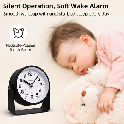 Analog Alarm Clock with Snooze & Light, Silent Non-Ticking, Yellow
