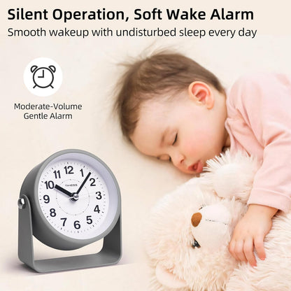 Analog Alarm Clock with Snooze & Light, Silent Non-Ticking, Yellow