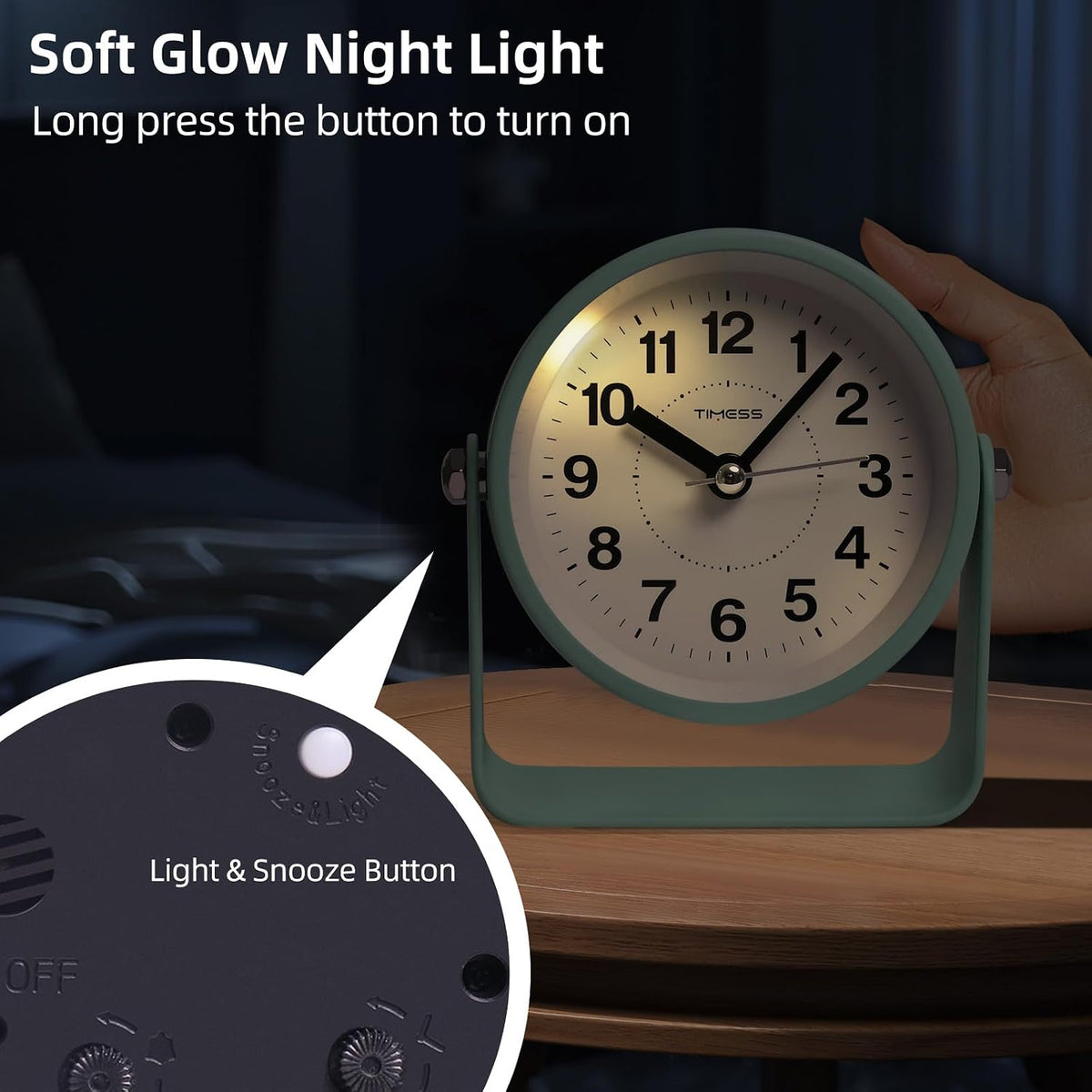 Analog Alarm Clock with Snooze & Light, Silent Non-Ticking, Yellow