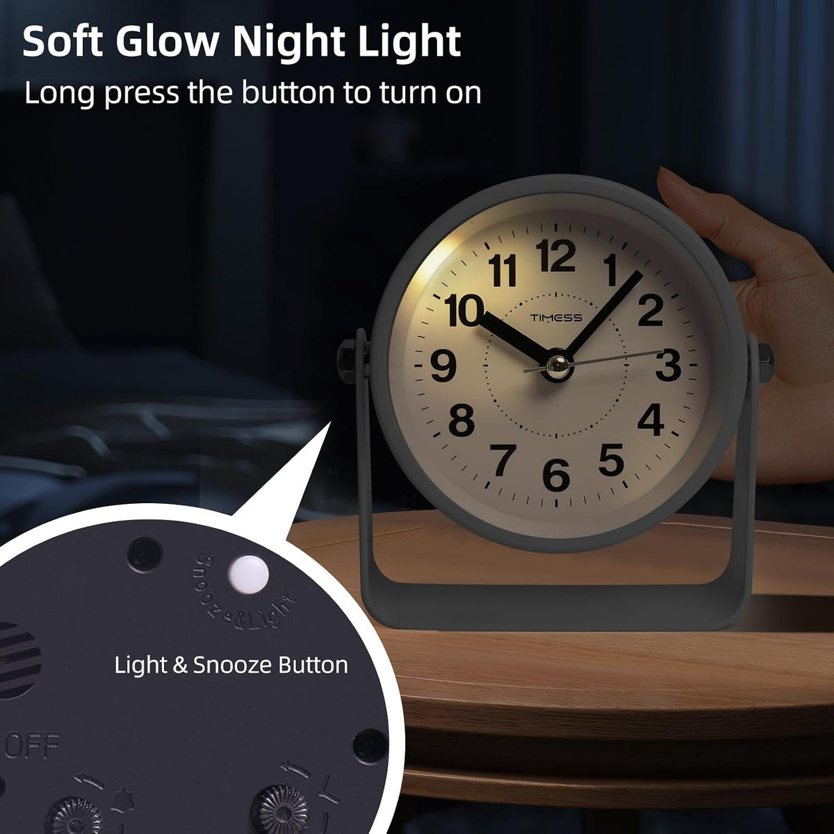 Analog Alarm Clock with Snooze & Light, Silent Non-Ticking, Yellow
