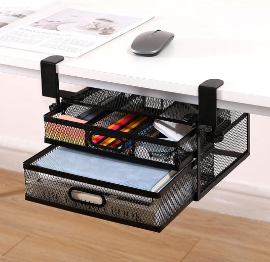 Sliding Under Desk Drawer Organizer No Drilling 2 Drawers Slide Out Desktop Or Under Table Storage Metal Clamp On Desk Drawer Attachment Anti-Slip Small Under Desk Organizer for Home & Office