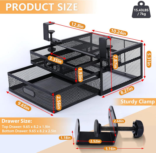 Sliding Under Desk Drawer Organizer No Drilling 2 Drawers Slide Out Desktop Or Under Table Storage Metal Clamp On Desk Drawer Attachment Anti-Slip Small Under Desk Organizer for Home & Office