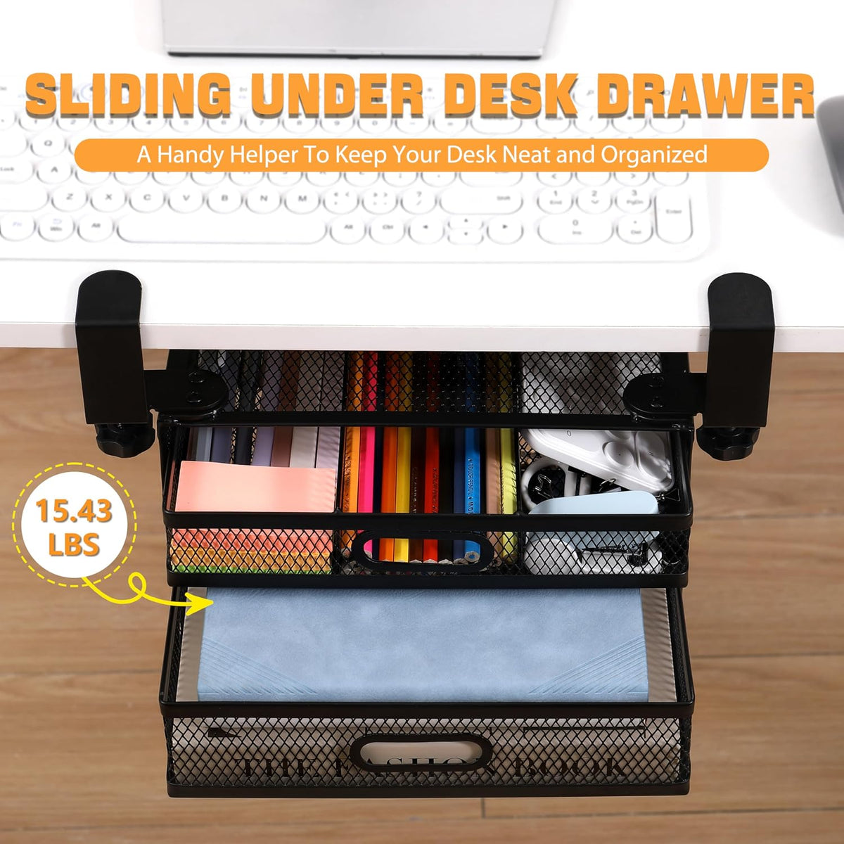 Sliding Under Desk Drawer Organizer No Drilling 2 Drawers Slide Out Desktop Or Under Table Storage Metal Clamp On Desk Drawer Attachment Anti-Slip Small Under Desk Organizer for Home & Office