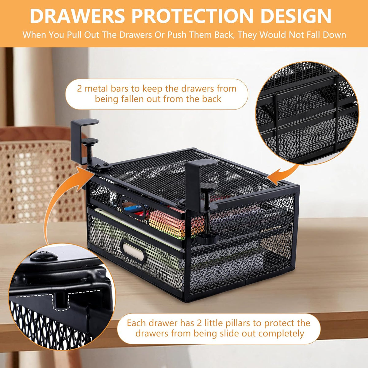 Sliding Under Desk Drawer Organizer No Drilling 2 Drawers Slide Out Desktop Or Under Table Storage Metal Clamp On Desk Drawer Attachment Anti-Slip Small Under Desk Organizer for Home & Office