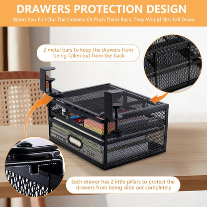 Sliding Under Desk Drawer Organizer No Drilling 2 Drawers Slide Out Desktop Or Under Table Storage Metal Clamp On Desk Drawer Attachment Anti-Slip Small Under Desk Organizer for Home & Office