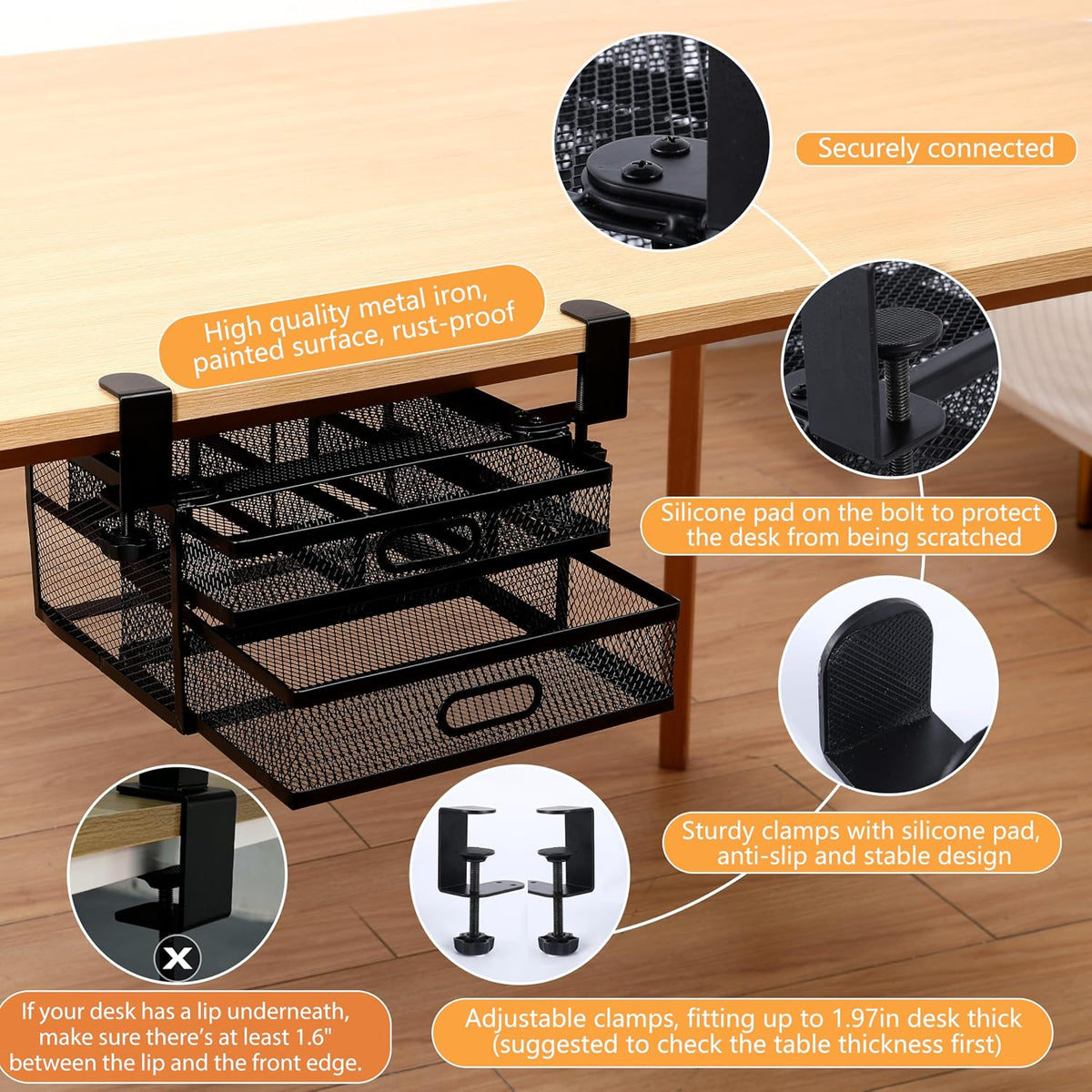 Sliding Under Desk Drawer Organizer No Drilling 2 Drawers Slide Out Desktop Or Under Table Storage Metal Clamp On Desk Drawer Attachment Anti-Slip Small Under Desk Organizer for Home & Office