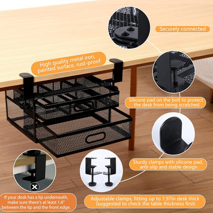 Sliding Under Desk Drawer Organizer No Drilling 2 Drawers Slide Out Desktop Or Under Table Storage Metal Clamp On Desk Drawer Attachment Anti-Slip Small Under Desk Organizer for Home & Office