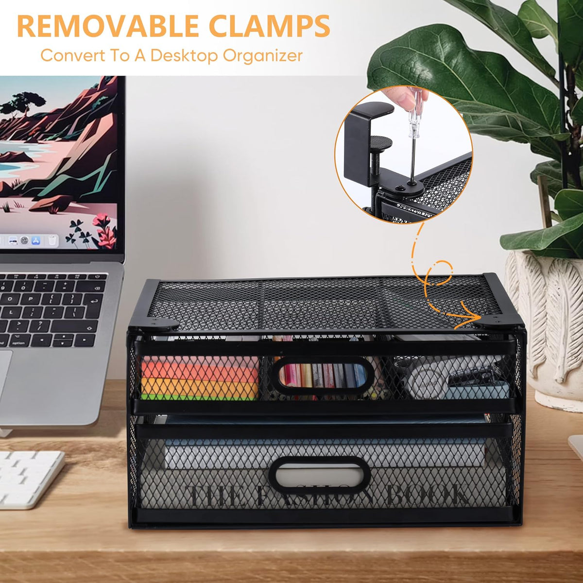 Sliding Under Desk Drawer Organizer No Drilling 2 Drawers Slide Out Desktop Or Under Table Storage Metal Clamp On Desk Drawer Attachment Anti-Slip Small Under Desk Organizer for Home & Office