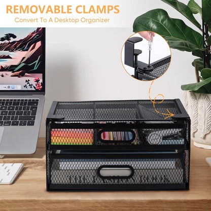 Sliding Under Desk Drawer Organizer No Drilling 2 Drawers Slide Out Desktop Or Under Table Storage Metal Clamp On Desk Drawer Attachment Anti-Slip Small Under Desk Organizer for Home & Office
