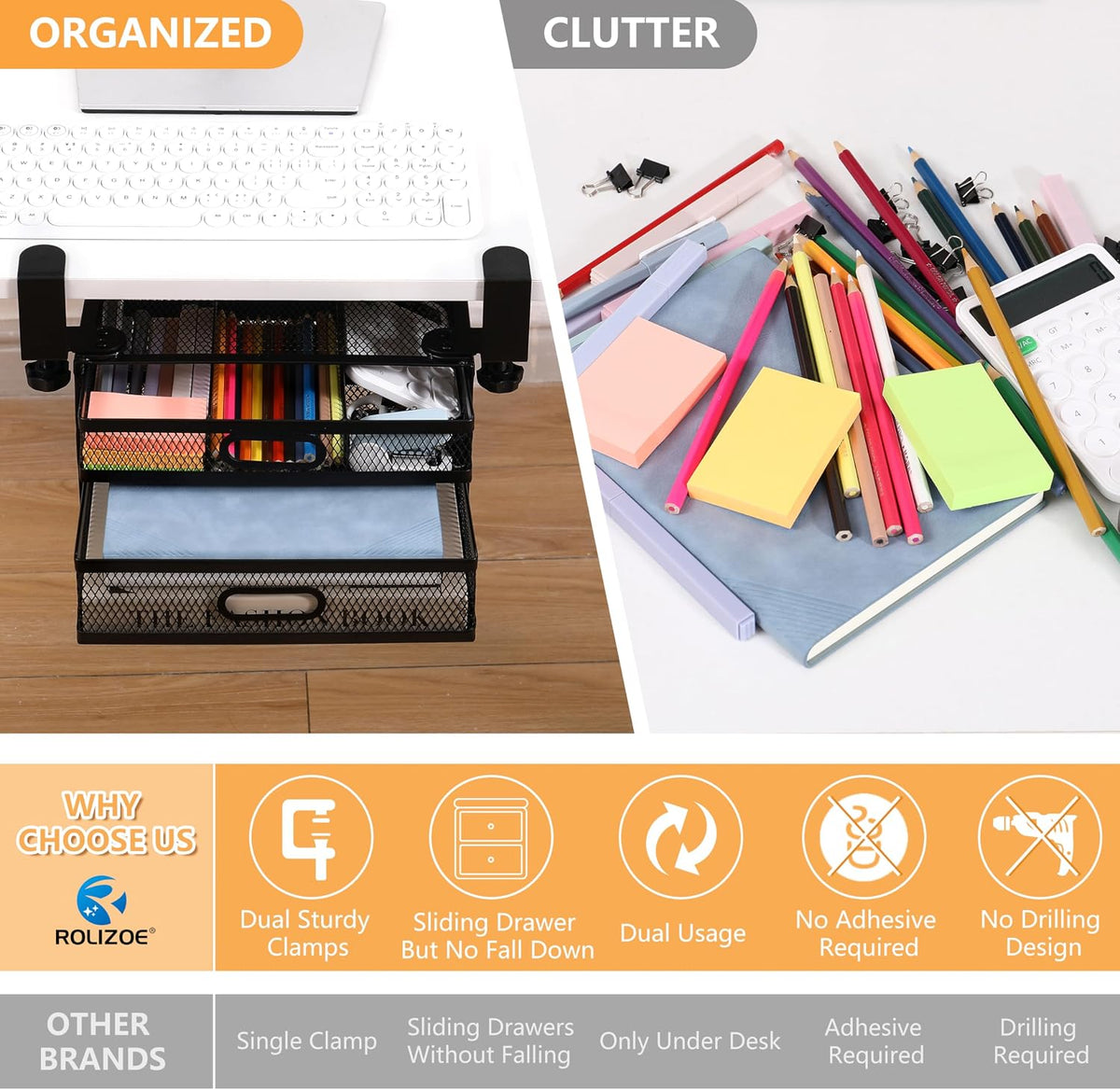 Sliding Under Desk Drawer Organizer No Drilling 2 Drawers Slide Out Desktop Or Under Table Storage Metal Clamp On Desk Drawer Attachment Anti-Slip Small Under Desk Organizer for Home & Office