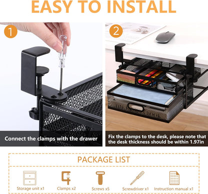 Sliding Under Desk Drawer Organizer No Drilling 2 Drawers Slide Out Desktop Or Under Table Storage Metal Clamp On Desk Drawer Attachment Anti-Slip Small Under Desk Organizer for Home & Office