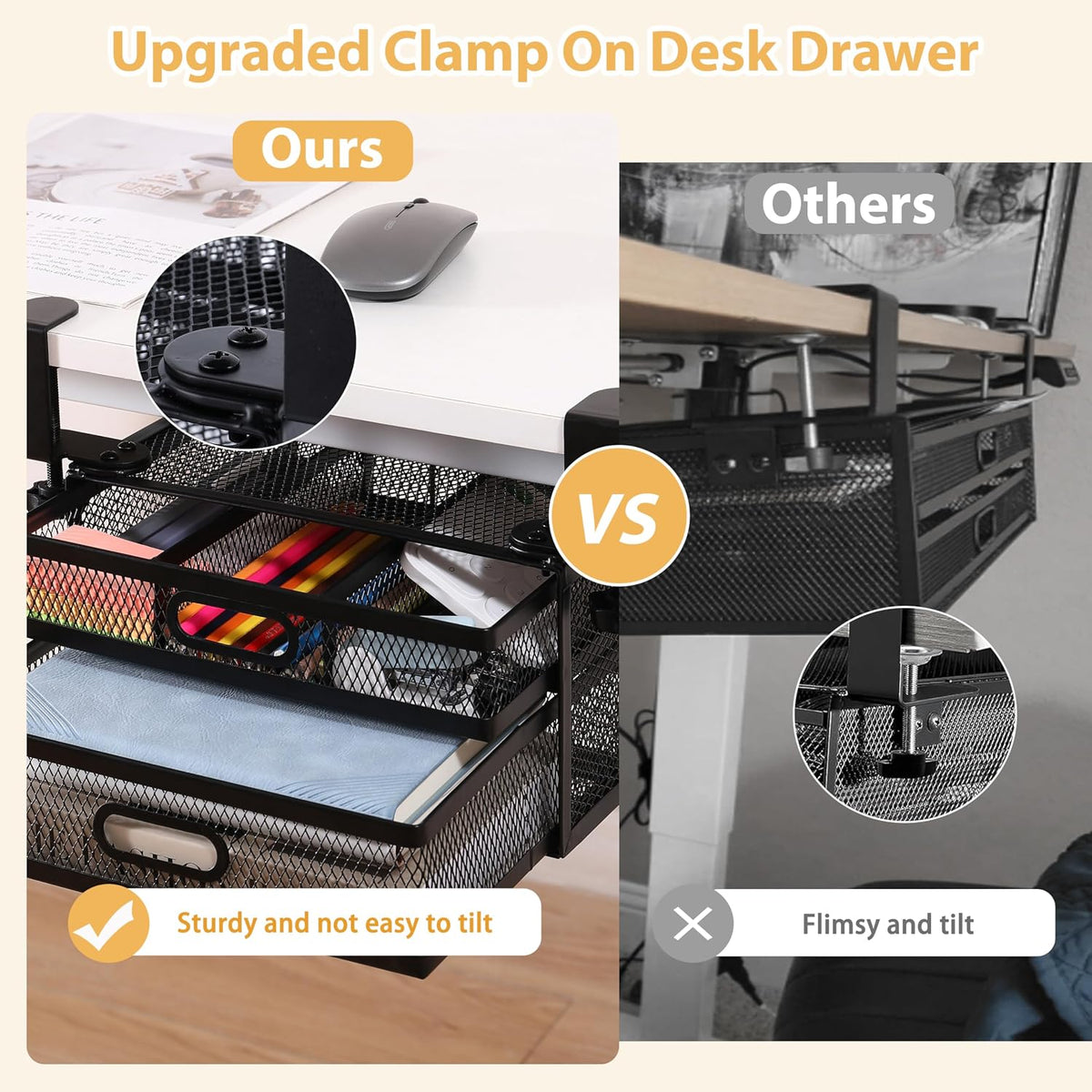 Sliding Under Desk Drawer Organizer No Drilling 2 Drawers Slide Out Desktop Or Under Table Storage Metal Clamp On Desk Drawer Attachment Anti-Slip Small Under Desk Organizer for Home & Office