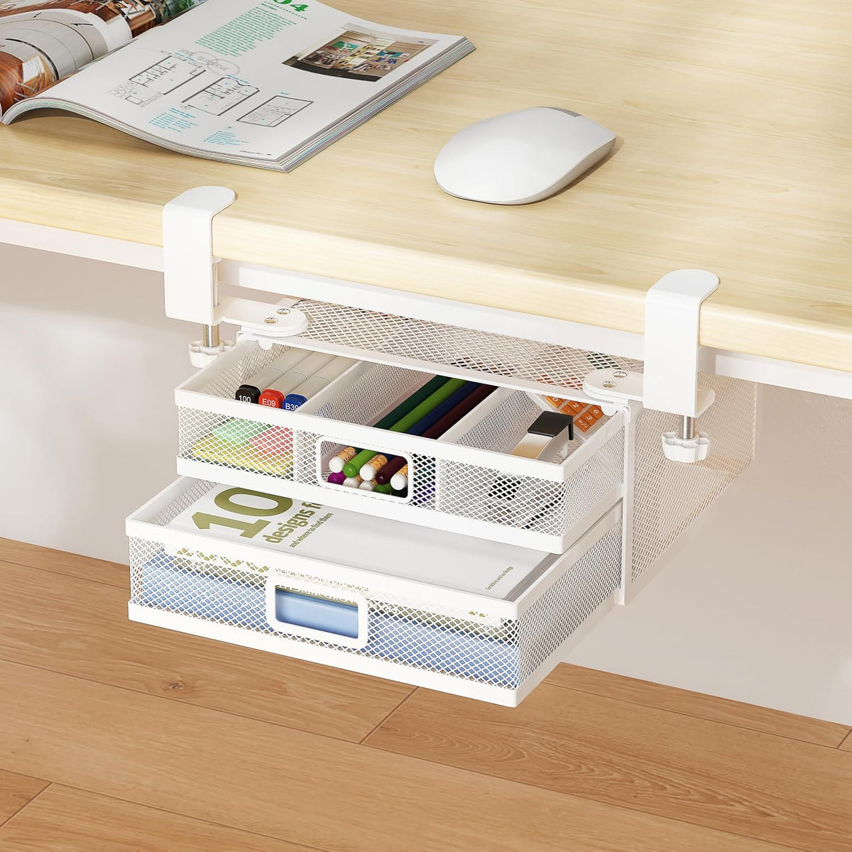 Sliding Under Desk Drawer Organizer No Drilling 2 Drawers Slide Out Desktop Or Under Table Storage Metal Clamp On Desk Drawer Attachment Anti-Slip Small Under Desk Organizer for Home & Office