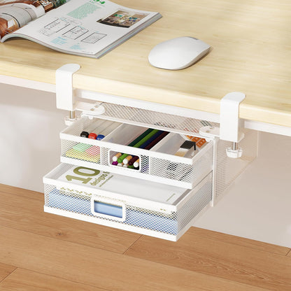 Sliding Under Desk Drawer Organizer No Drilling 2 Drawers Slide Out Desktop Or Under Table Storage Metal Clamp On Desk Drawer Attachment Anti-Slip Small Under Desk Organizer for Home & Office