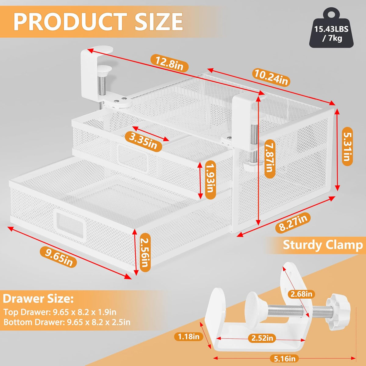 Sliding Under Desk Drawer Organizer No Drilling 2 Drawers Slide Out Desktop Or Under Table Storage Metal Clamp On Desk Drawer Attachment Anti-Slip Small Under Desk Organizer for Home & Office