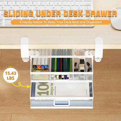 Sliding Under Desk Drawer Organizer No Drilling 2 Drawers Slide Out Desktop Or Under Table Storage Metal Clamp On Desk Drawer Attachment Anti-Slip Small Under Desk Organizer for Home & Office