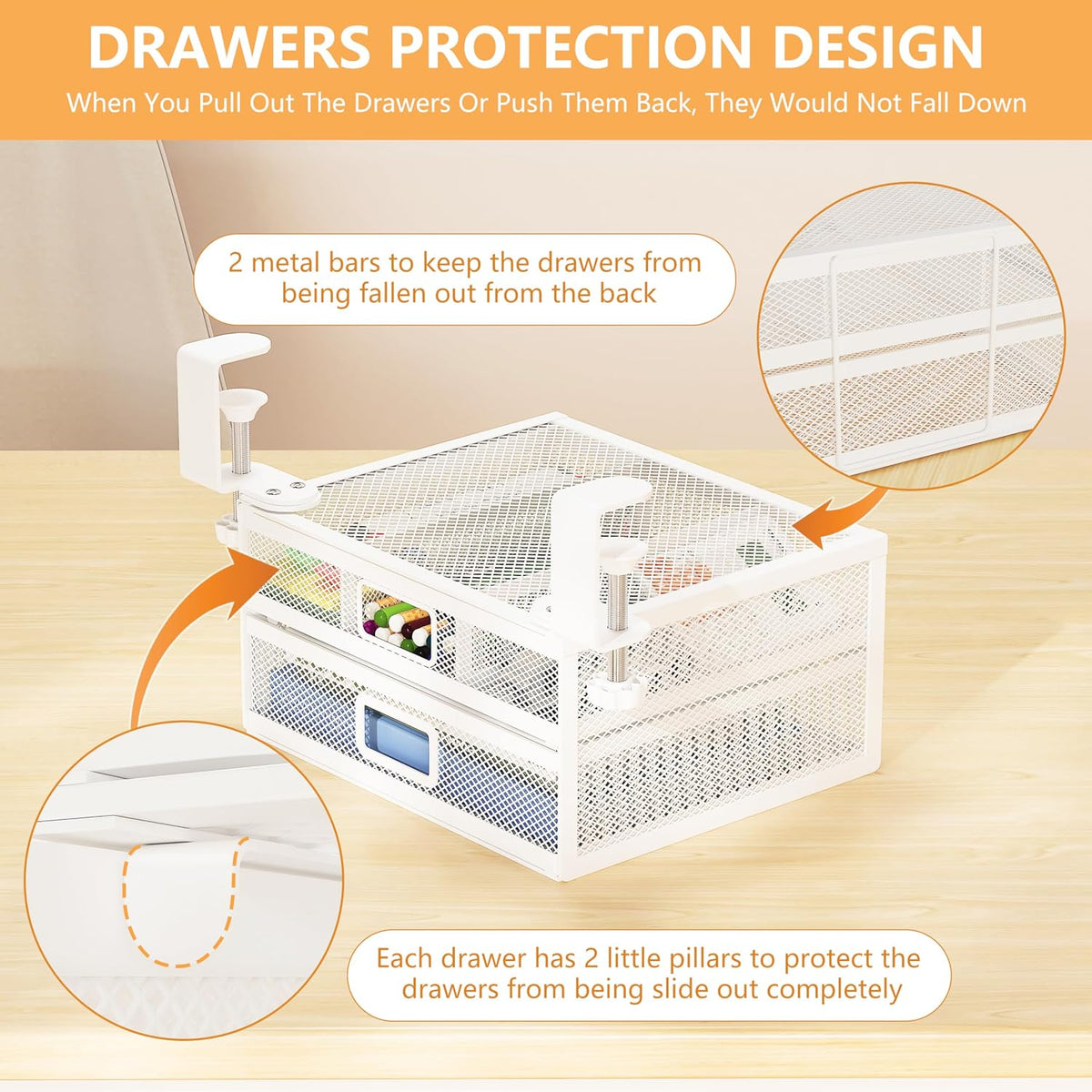 Sliding Under Desk Drawer Organizer No Drilling 2 Drawers Slide Out Desktop Or Under Table Storage Metal Clamp On Desk Drawer Attachment Anti-Slip Small Under Desk Organizer for Home & Office