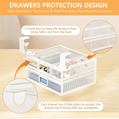 Sliding Under Desk Drawer Organizer No Drilling 2 Drawers Slide Out Desktop Or Under Table Storage Metal Clamp On Desk Drawer Attachment Anti-Slip Small Under Desk Organizer for Home & Office