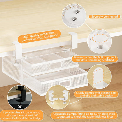 Sliding Under Desk Drawer Organizer No Drilling 2 Drawers Slide Out Desktop Or Under Table Storage Metal Clamp On Desk Drawer Attachment Anti-Slip Small Under Desk Organizer for Home & Office