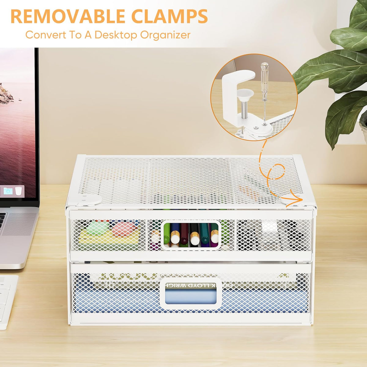 Sliding Under Desk Drawer Organizer No Drilling 2 Drawers Slide Out Desktop Or Under Table Storage Metal Clamp On Desk Drawer Attachment Anti-Slip Small Under Desk Organizer for Home & Office