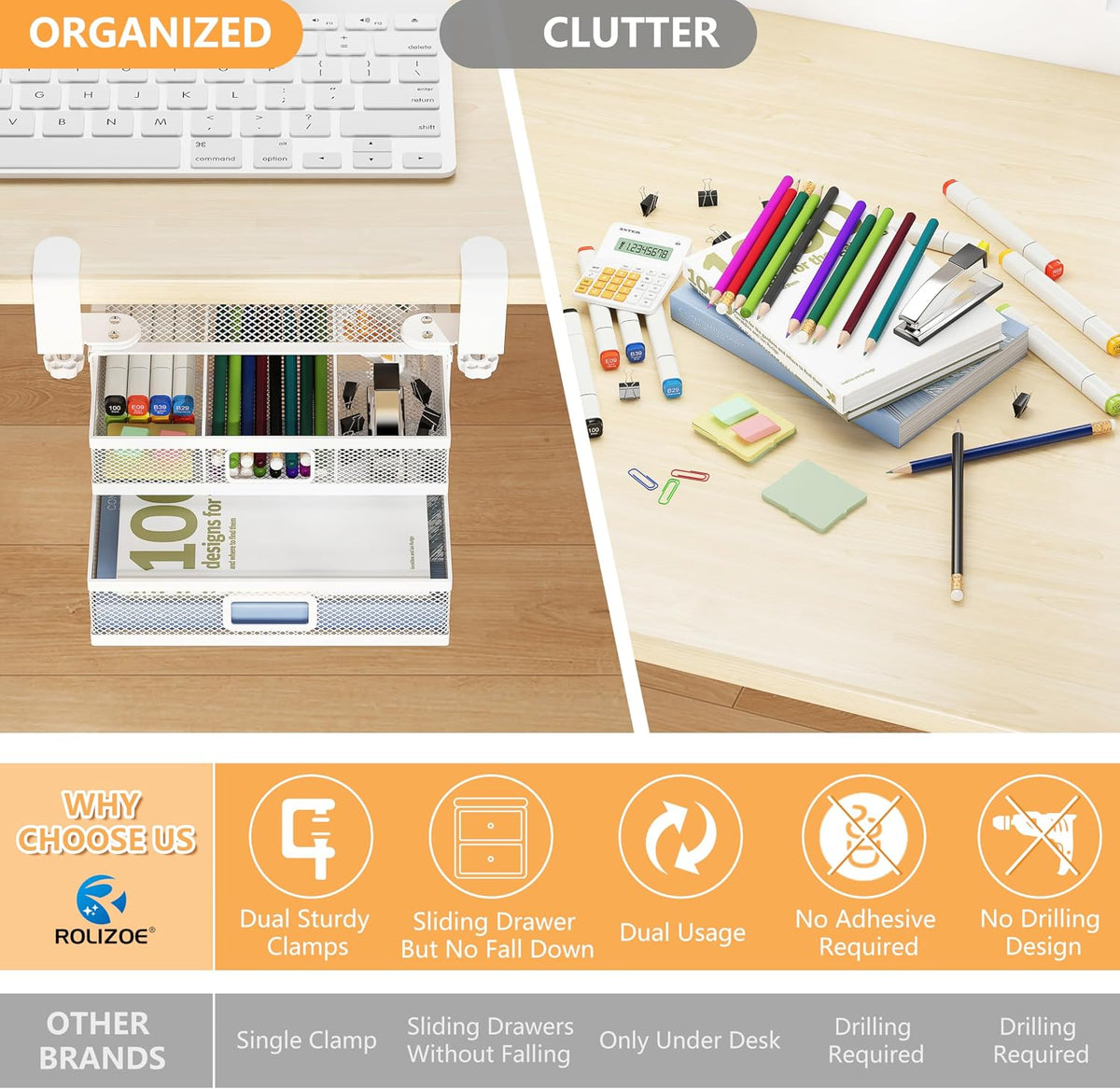 Sliding Under Desk Drawer Organizer No Drilling 2 Drawers Slide Out Desktop Or Under Table Storage Metal Clamp On Desk Drawer Attachment Anti-Slip Small Under Desk Organizer for Home & Office