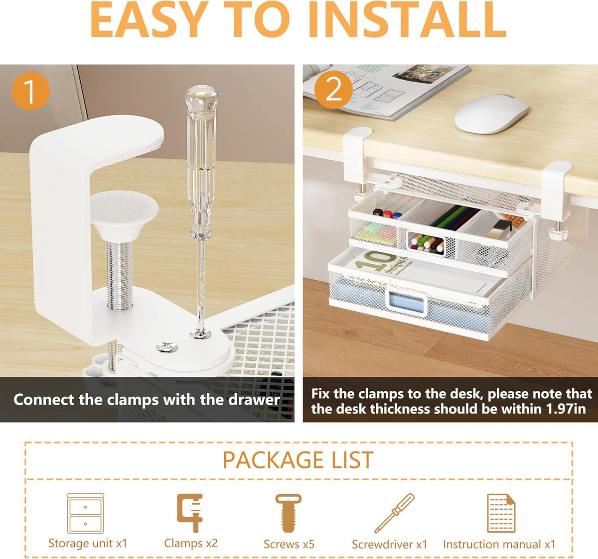 Sliding Under Desk Drawer Organizer No Drilling 2 Drawers Slide Out Desktop Or Under Table Storage Metal Clamp On Desk Drawer Attachment Anti-Slip Small Under Desk Organizer for Home & Office
