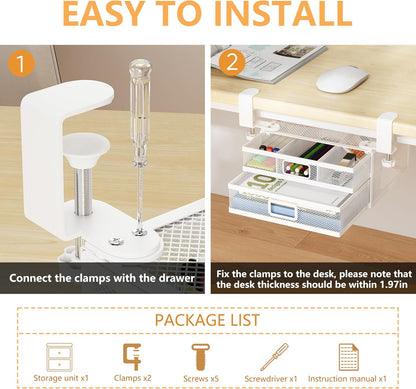 Sliding Under Desk Drawer Organizer No Drilling 2 Drawers Slide Out Desktop Or Under Table Storage Metal Clamp On Desk Drawer Attachment Anti-Slip Small Under Desk Organizer for Home & Office