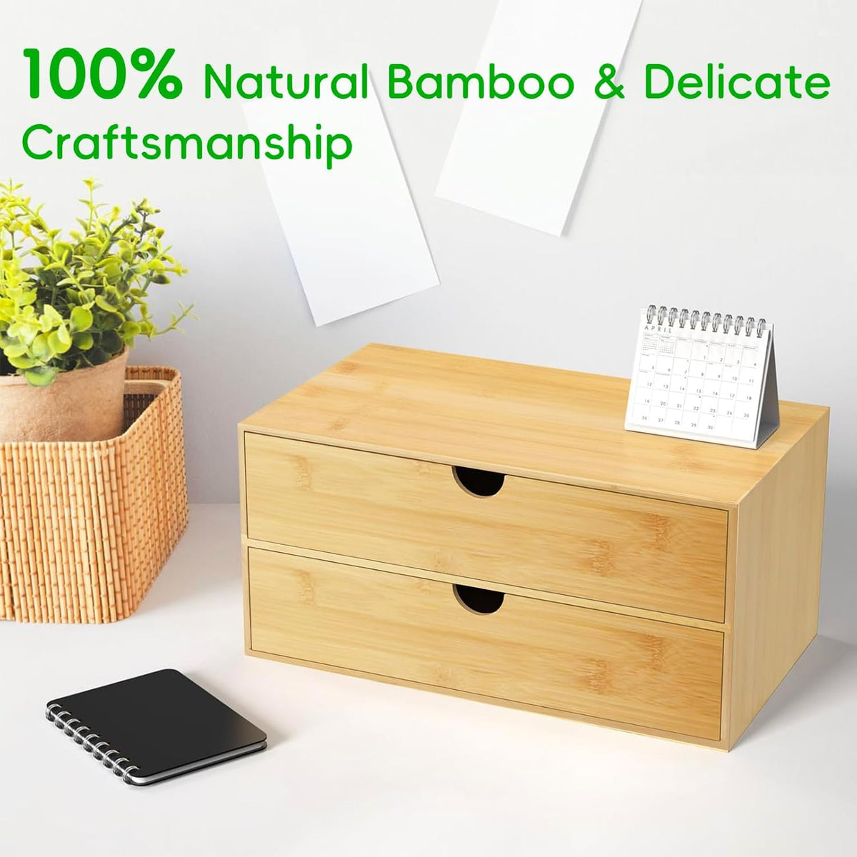 Bamboo Desk Organizer with 2 Drawers, Wooden Countertop Drawers Organizer, Tabletop Storage Organization Box for Office & Home, No Assembly Needed