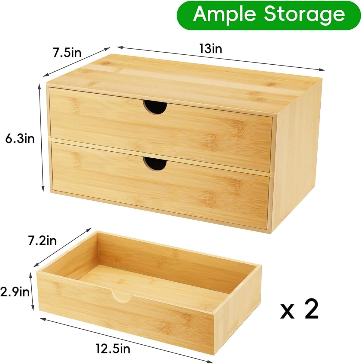 Bamboo Desk Organizer with 2 Drawers, Wooden Countertop Drawers Organizer, Tabletop Storage Organization Box for Office & Home, No Assembly Needed