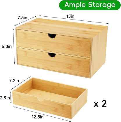 Bamboo Desk Organizer with 2 Drawers, Wooden Countertop Drawers Organizer, Tabletop Storage Organization Box for Office & Home, No Assembly Needed