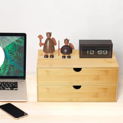 Bamboo Desk Organizer with 2 Drawers, Wooden Countertop Drawers Organizer, Tabletop Storage Organization Box for Office & Home, No Assembly Needed