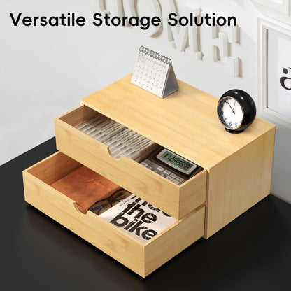 Bamboo Desk Organizer with 2 Drawers, Wooden Countertop Drawers Organizer, Tabletop Storage Organization Box for Office & Home, No Assembly Needed