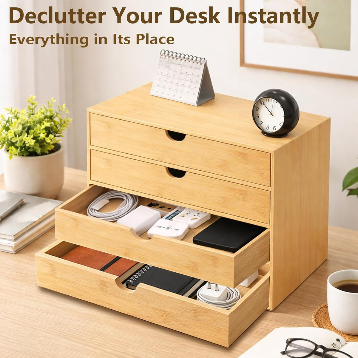 Bamboo Desk Organizer with 2 Drawers, Wooden Countertop Drawers Organizer, Tabletop Storage Organization Box for Office & Home, No Assembly Needed